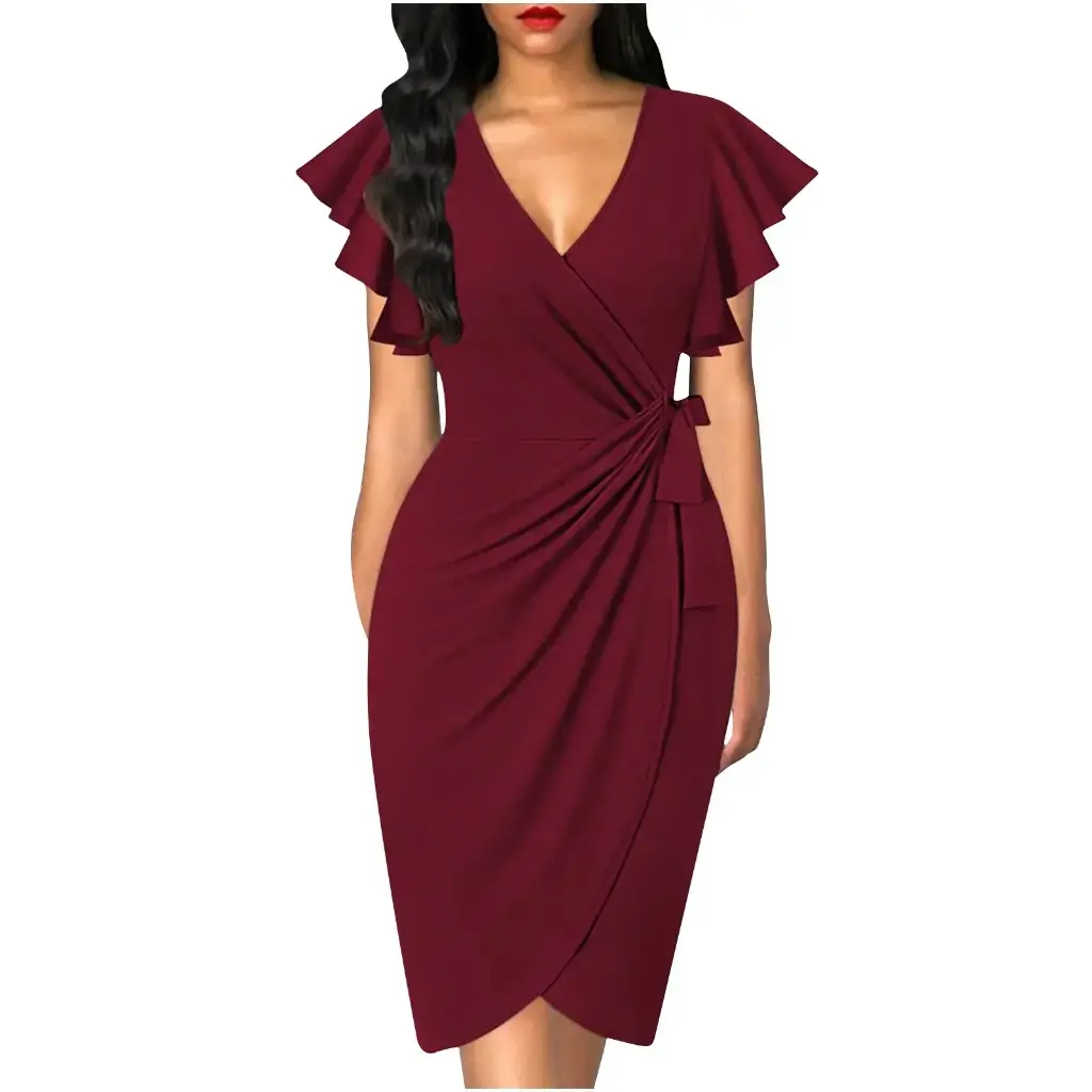 Elegant summer bodycon dress for ladies, featuring a V-neck design and petal sleeves. Made with solid color pleats, this chic workwear robe combines style and professionalism effortlessly | US $4.51