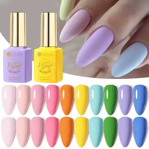 UR SUGAR 1-Step Gel Polish – 12ml, 3-in-1 formula (color, base, and top coat). Available in summer shades: nude, pink, blue, and yellow with glitter. No need for extra layers—easy application, long-lasting results!| 
US $0.67